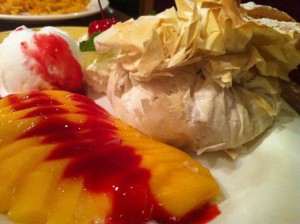 Amazing mango and ice cream with cruchy and crumbly french pastry