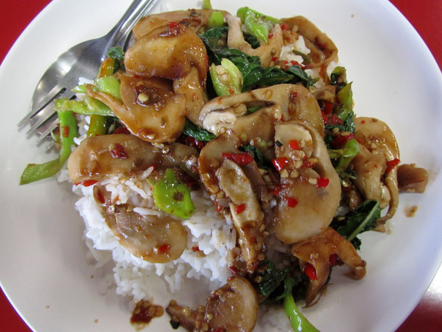 Day 5 Vegetarian Thai Food: Mushrooms with Basil, Suki, Morning Glory