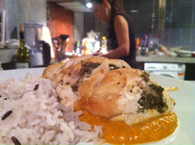 Indian spiced spinach and mushroom chicken breast with tikka masala sauce
