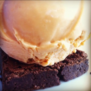 Thai Tea ice cream perched on a moist fudge brownie